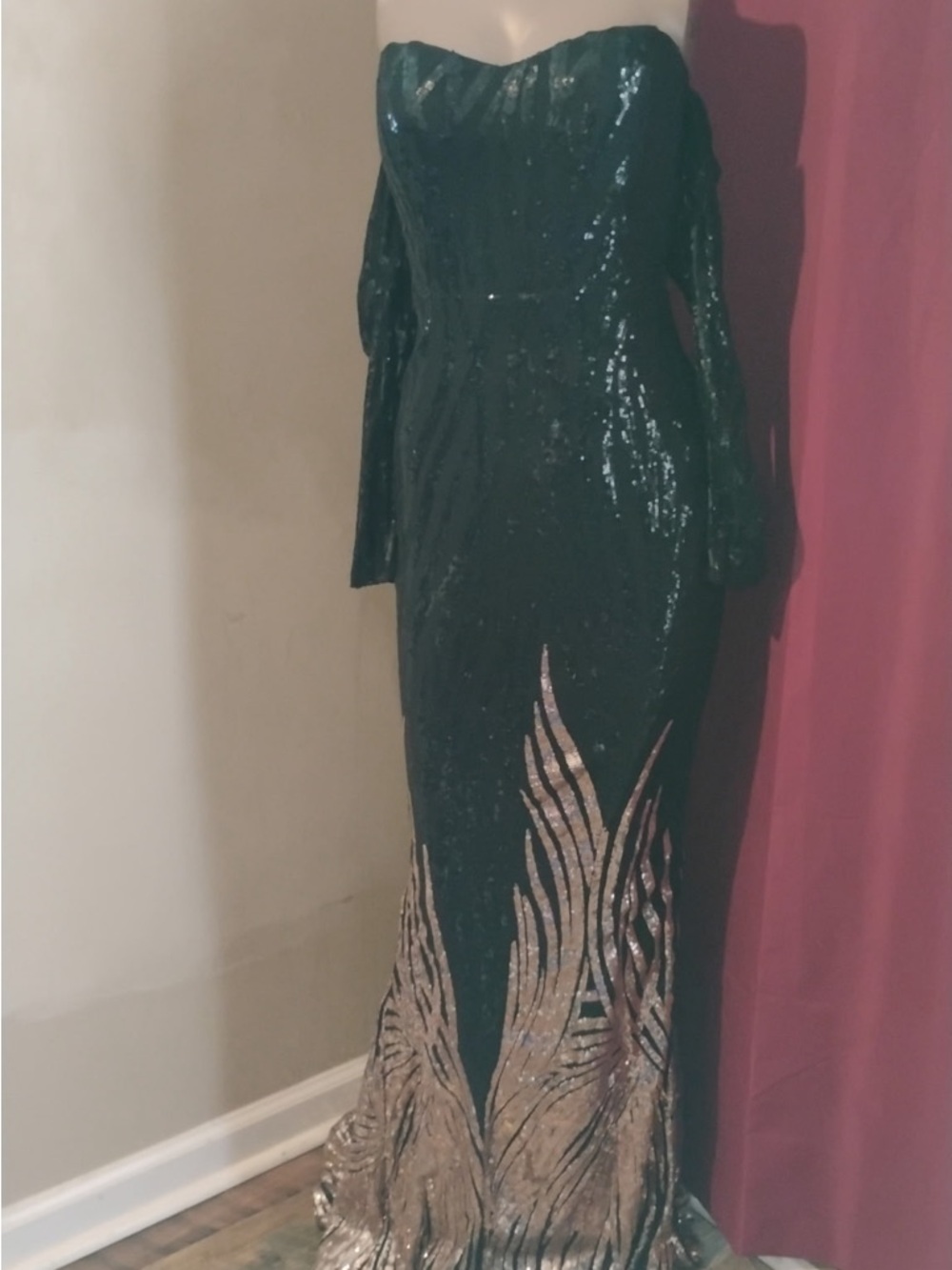 Black Off-Shoulder Sequin Gown with Gold Flame Hem - Picture 3 of 9